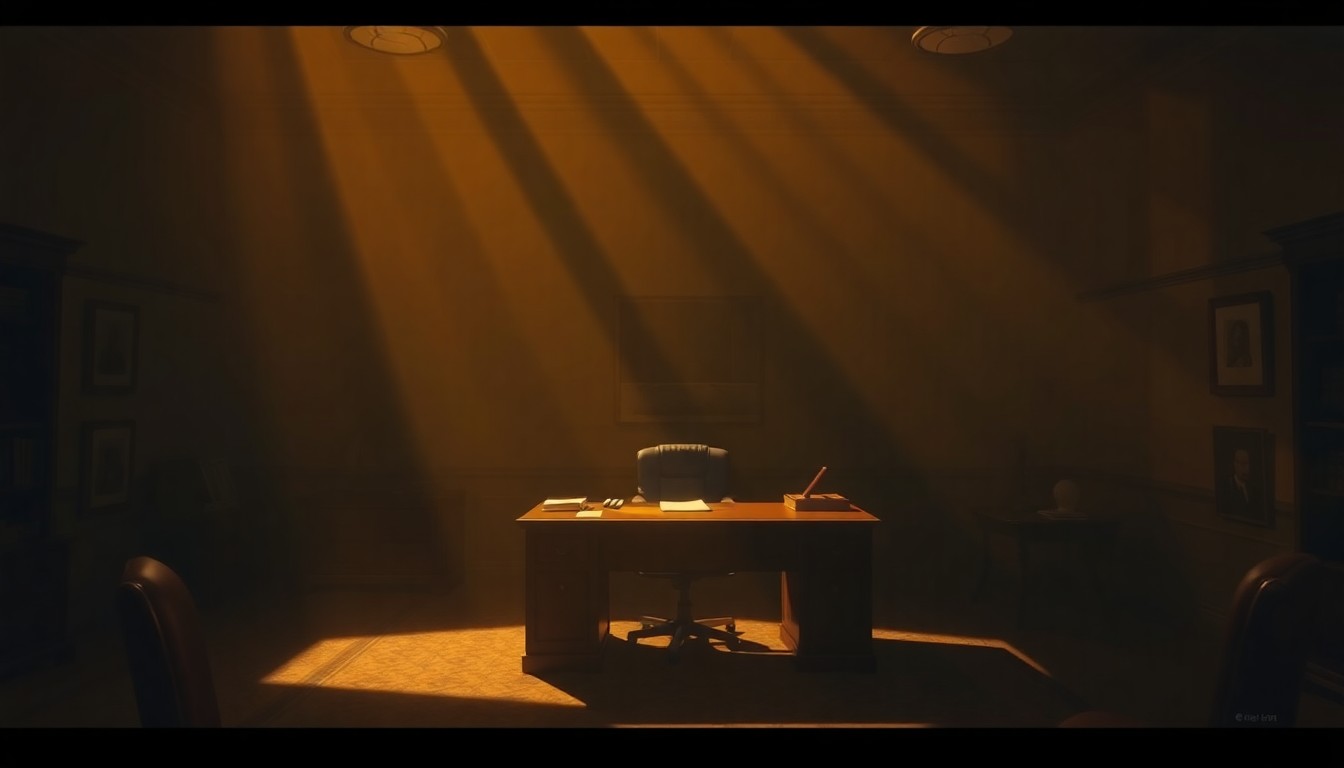 A dimly lit, cinematic painting of a politician's desk in an empty office, with warm sunlight streaming in through a window and creating deep shadows across the surface.