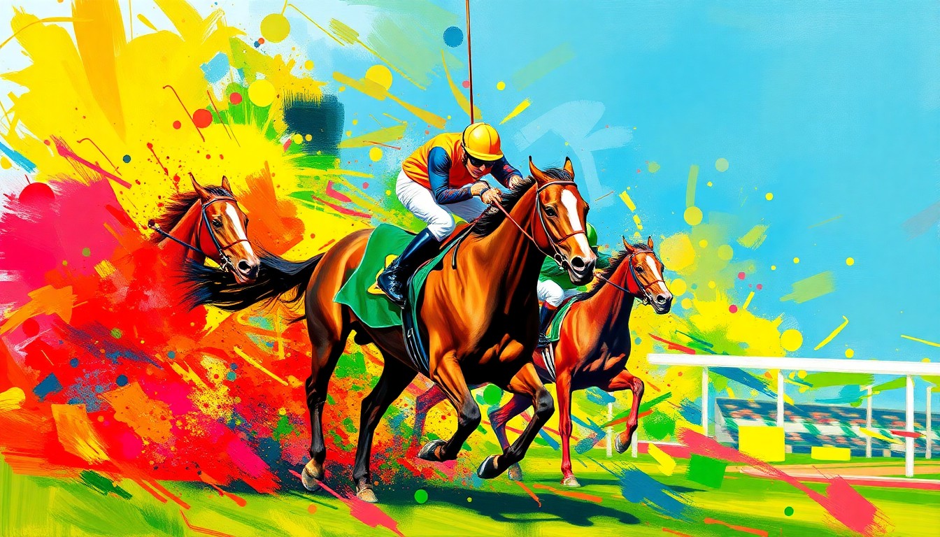 An abstract, expressionist painting in vibrant neon colors capturing the energy and movement of a horse race, with the winning horse and jockey blending into the dynamic brushstrokes.