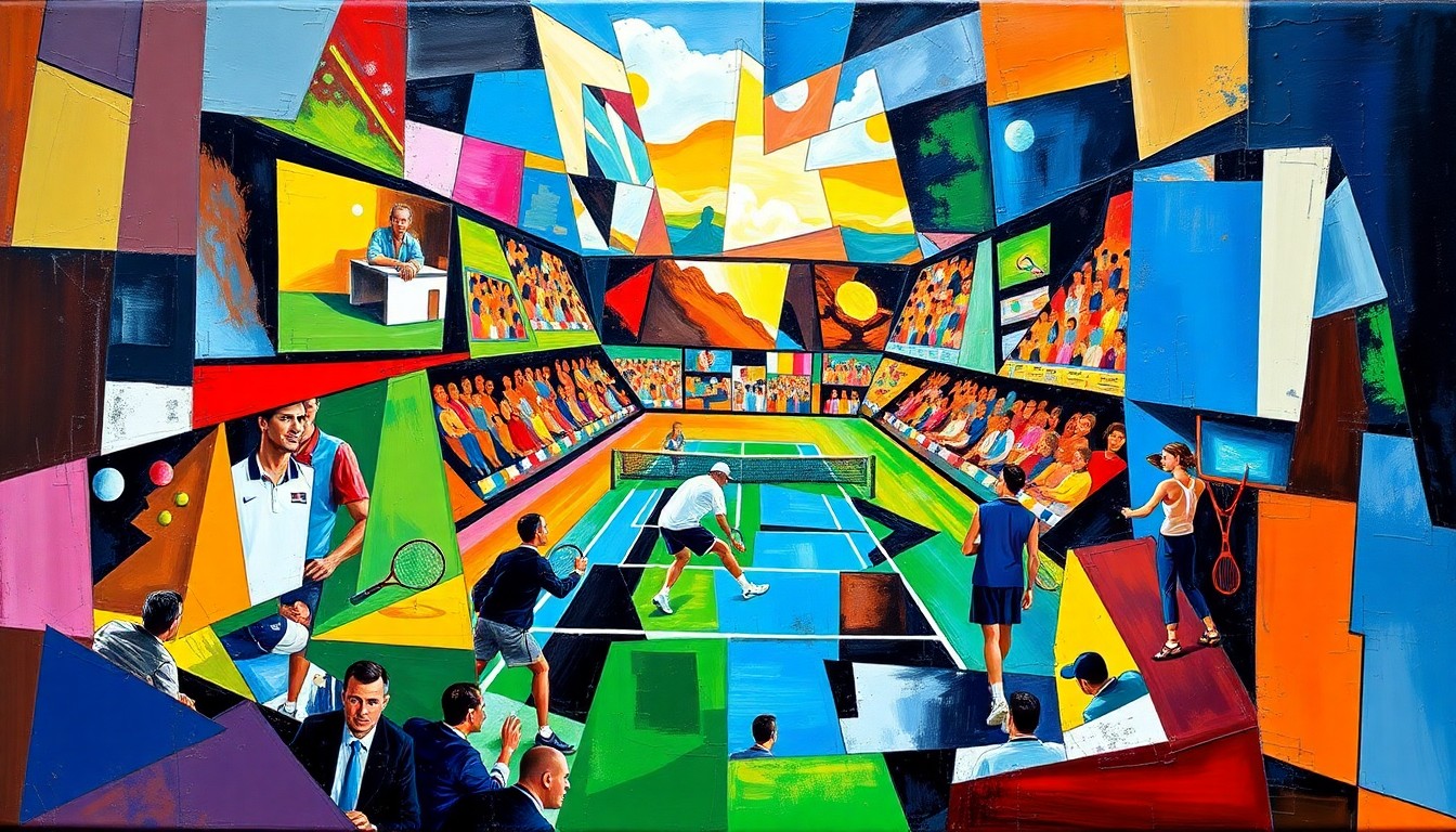 A cubist, geometric painting depicting a tennis match or competition, with sharp, overlapping planes of color representing the dynamic energy and intensity of the sport.