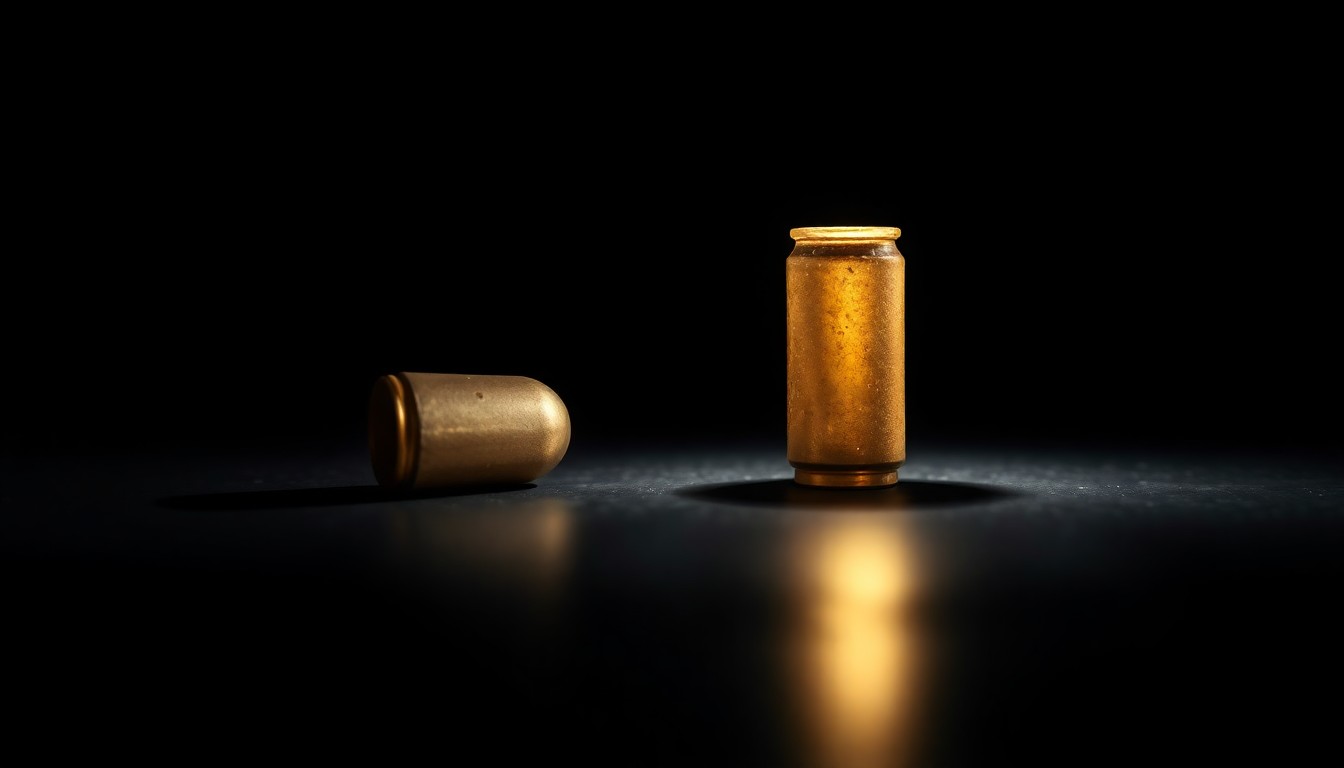 An extreme close-up photograph of a single spent shell casing on a dark surface, lit by a harsh, direct camera flash, conceptually illustrating the aftermath of a shooting incident.