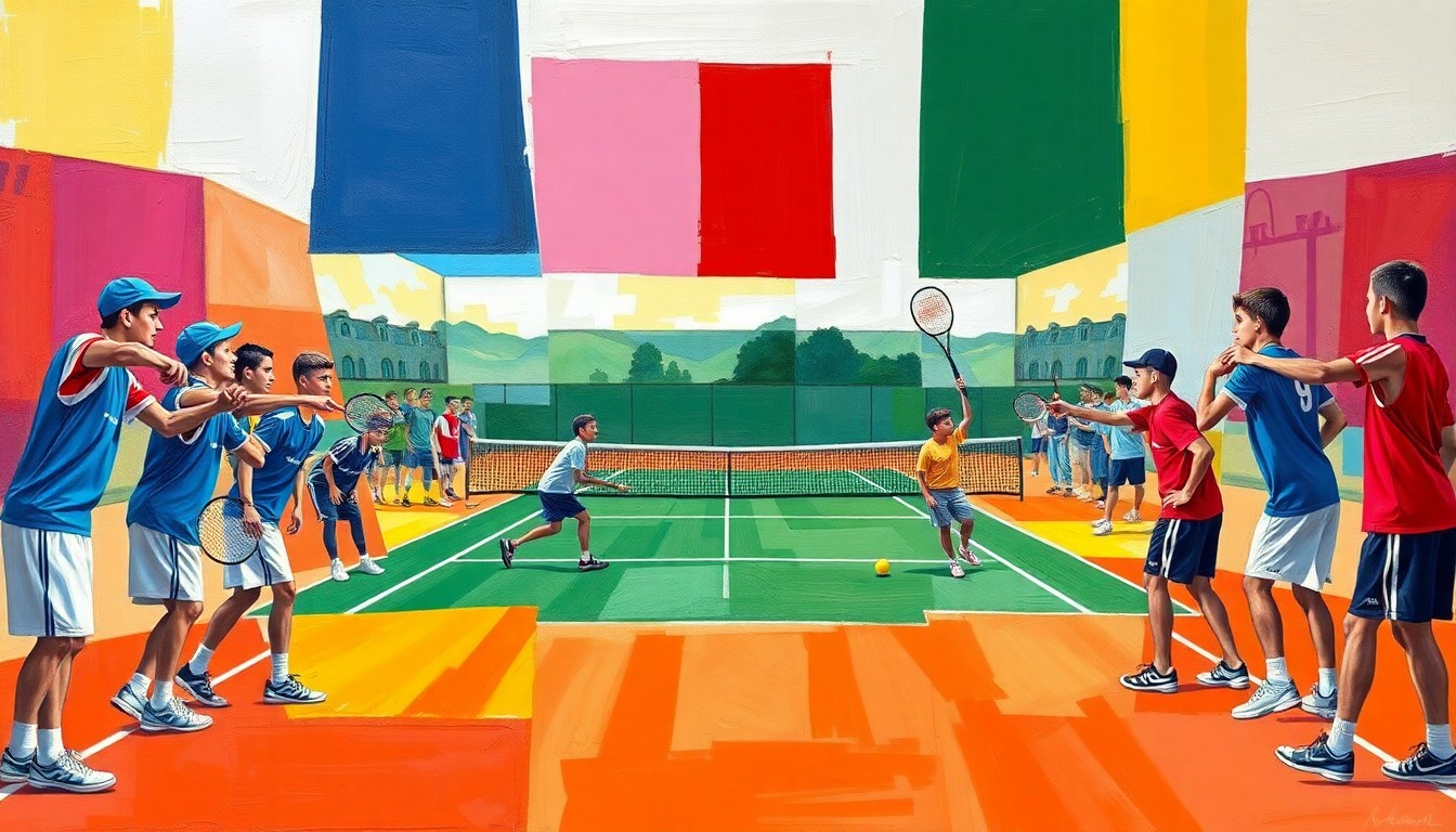 A fractured, cubist-style painting depicting a high school boys tennis match, with sharp geometric shapes and planes in vibrant colors representing the players, court, and action.