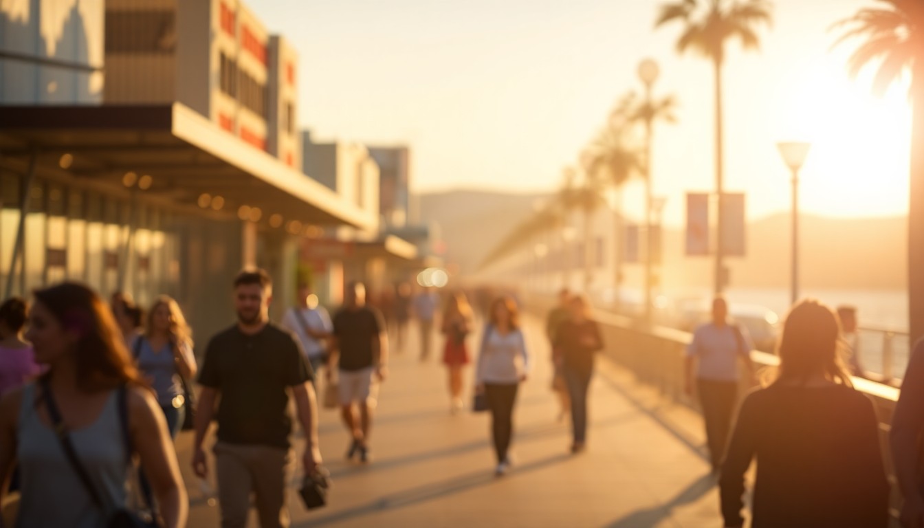 An abstract, out-of-focus photograph of people walking along a busy street, with warm, blurred pools of light and color creating a dreamlike, atmospheric scene that captures the energy and activity of the Third Street Promenade.