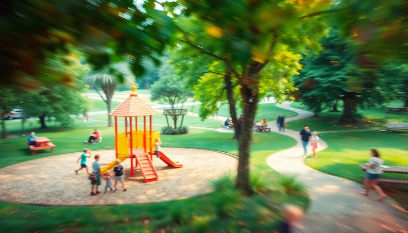 An impressionistic, out-of-focus photograph depicting a lush, verdant park scene with people enjoying various activities, rendered in a soft, dreamlike palette of warm colors and gentle light, conceptually representing the rejuvenation of a community green space.