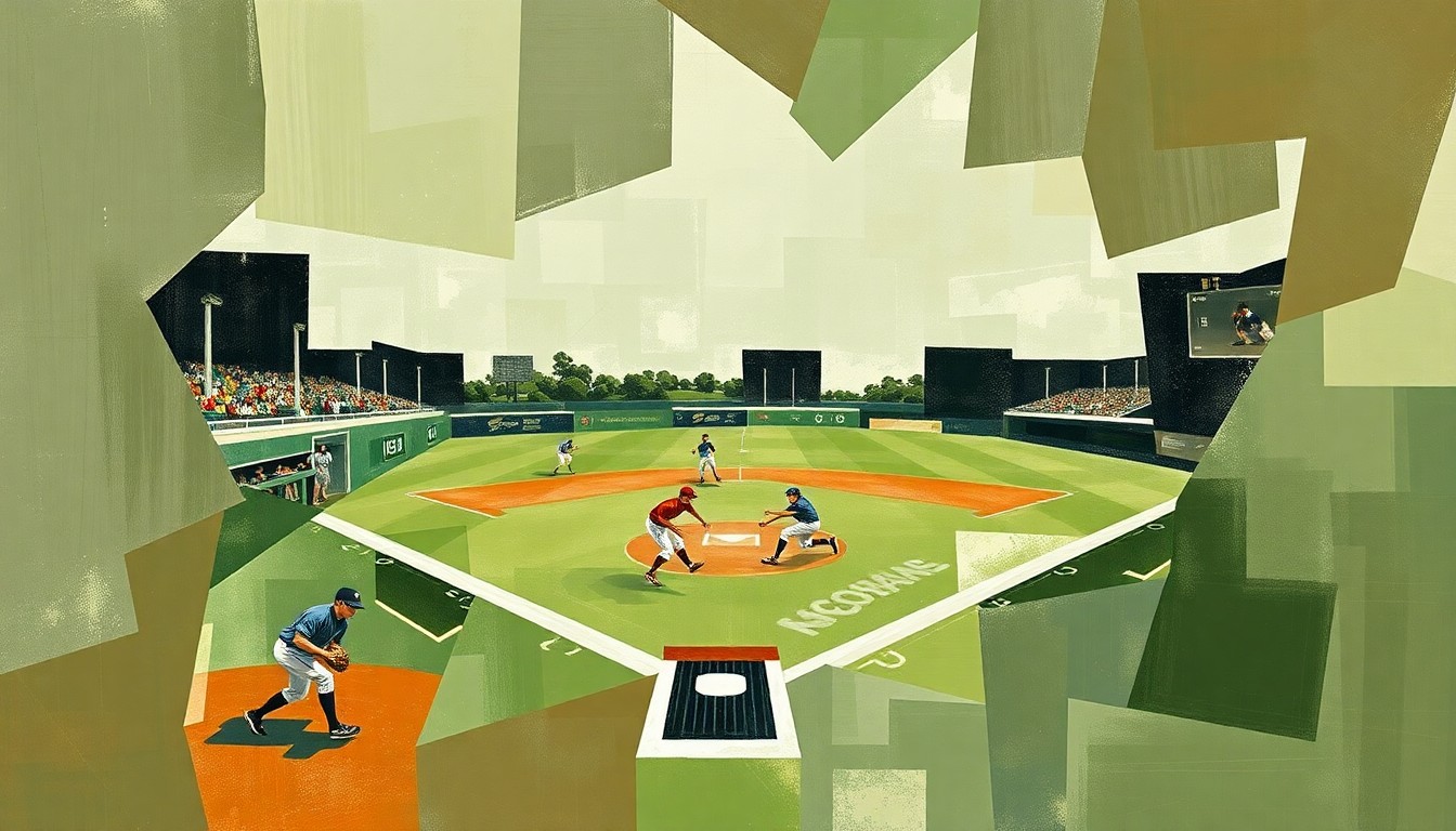 A fractured, geometric painting depicting the dynamic movements and competing perspectives of a high school baseball game, rendered in muted earth tones with flashes of bright white to represent the ball and players.