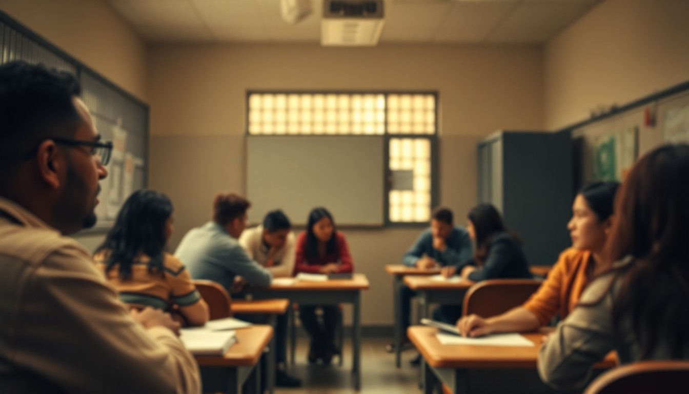 A hazy, impressionistic photograph showing the silhouettes of people engaged in a discussion, with the scene bathed in a soft, warm glow, conveying the atmosphere of an intimate educational setting within a correctional facility.
