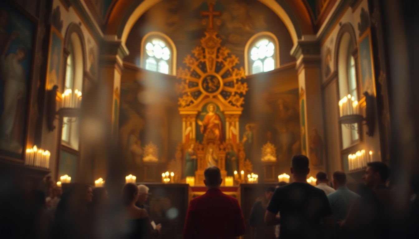 An abstract, blurred image of an Eastern Orthodox church interior, with glowing candles, ornate iconography, and worshippers in prayer, conveying a sense of reverence and spiritual atmosphere.