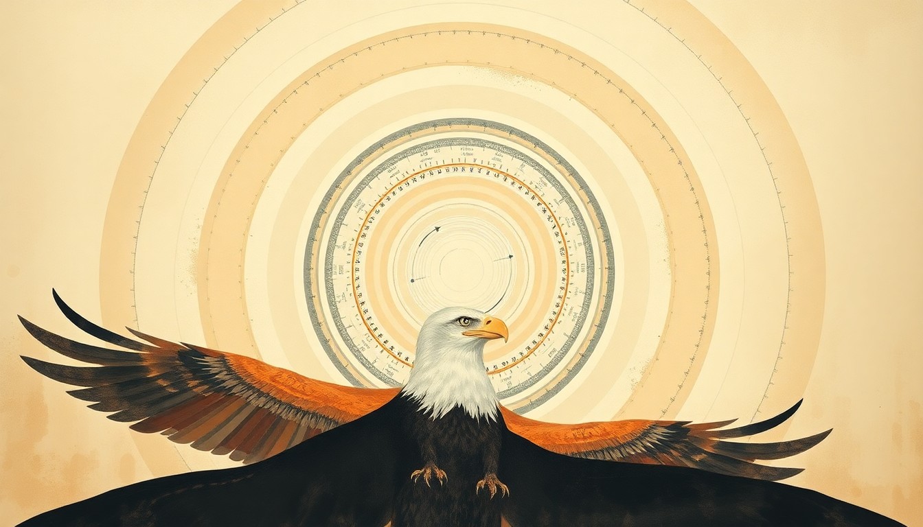A bold, abstract painting in soft earth tones featuring sweeping geometric arcs, concentric circles, and precise botanical spirals, conceptually representing the complex natural forces and biological cycles that govern the lives of bald eagles.