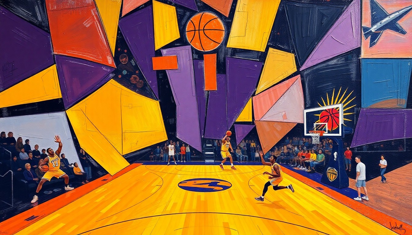 A fragmented, multi-angled painting depicting a basketball game, with sharp geometric shapes in purple, gold, orange, and blue overlapping to create a dynamic, abstract composition.