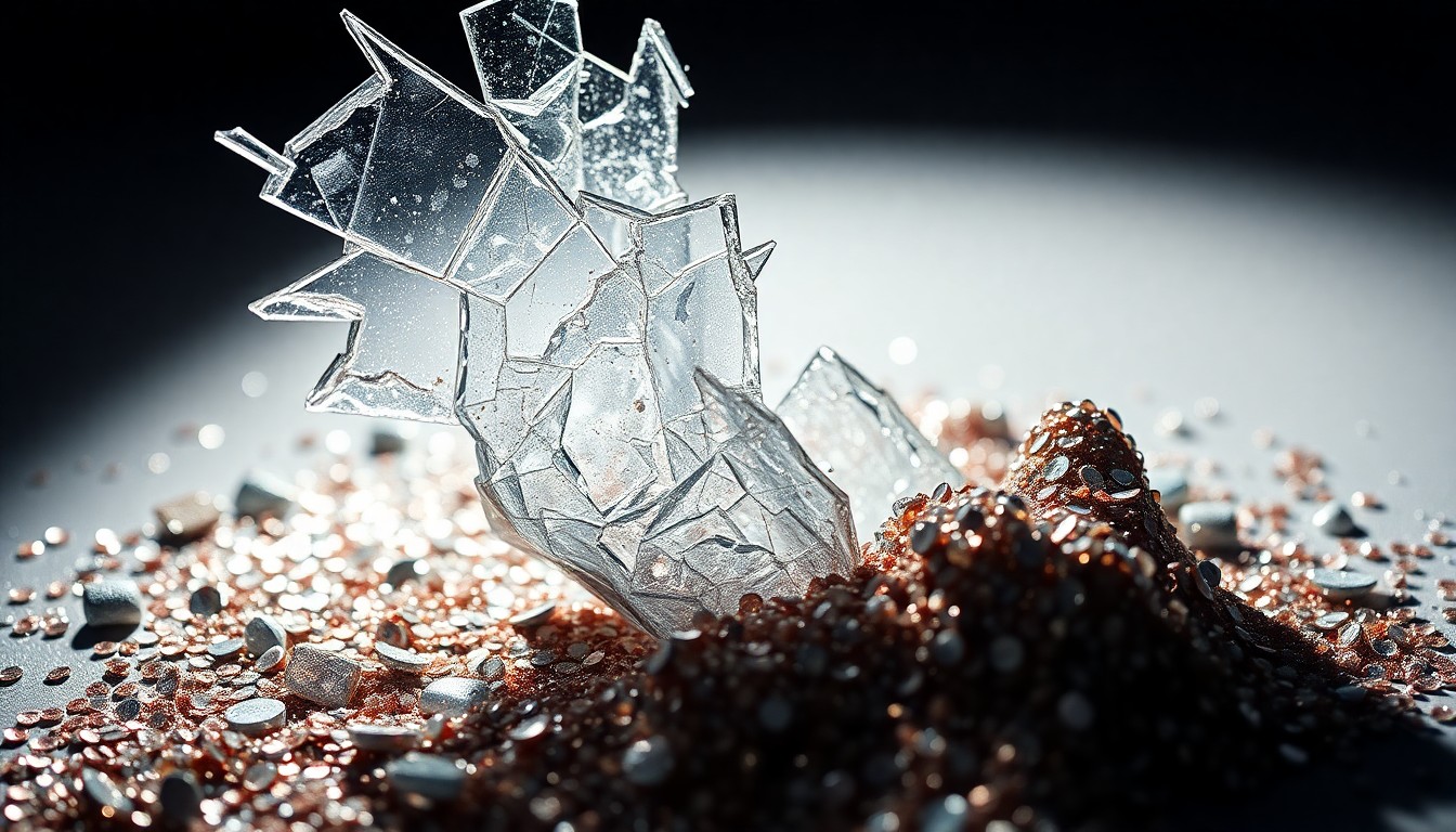 An abstract close-up image featuring shattered glass and glittering sequins, captured in dramatic, high-contrast studio lighting to conceptually represent the duality and hidden costs of fame for a modern author.