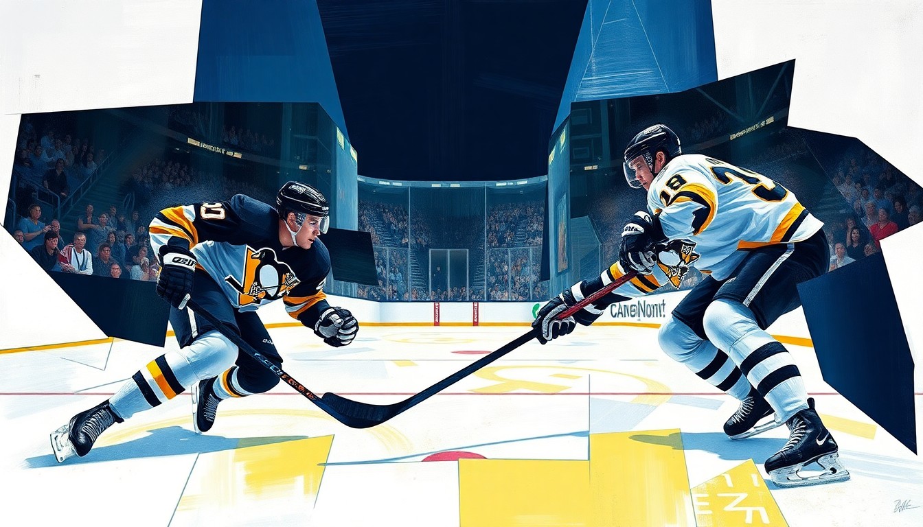 A cubist, geometric painting depicting a hockey game in motion, with the players and the action broken down into sharp, overlapping planes of color and shape, creating a dynamic and abstract representation of the sport.