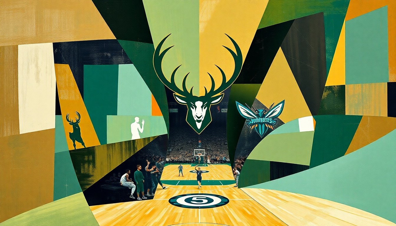 A fragmented, geometric painting depicting a basketball game, with overlapping shapes and planes representing the players, ball, and court in an abstract, cubist style.