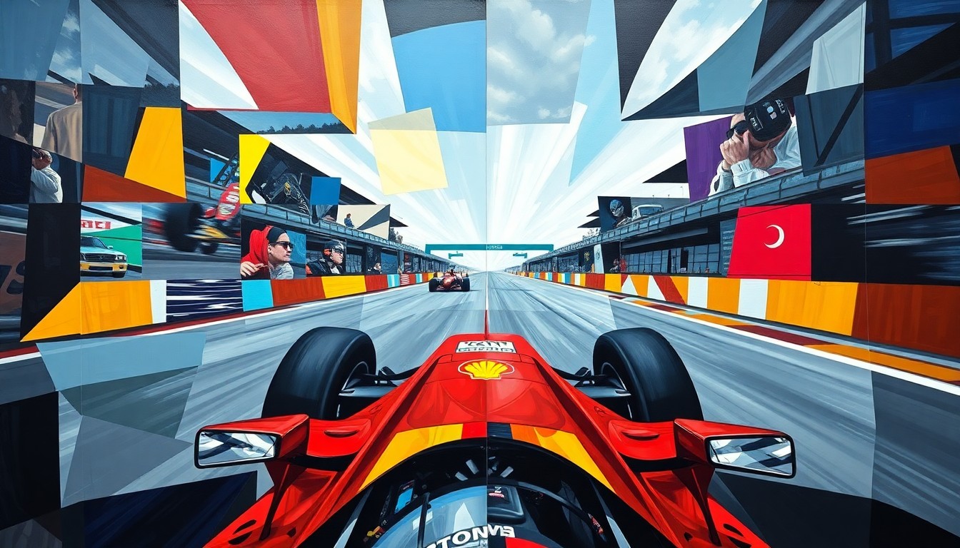 A cubist, geometric painting depicting the abstract forms of a Formula 1 race car and driver, with the scene fractured into sharp, overlapping planes of color and shape, conveying the raw energy and tension of the sport.