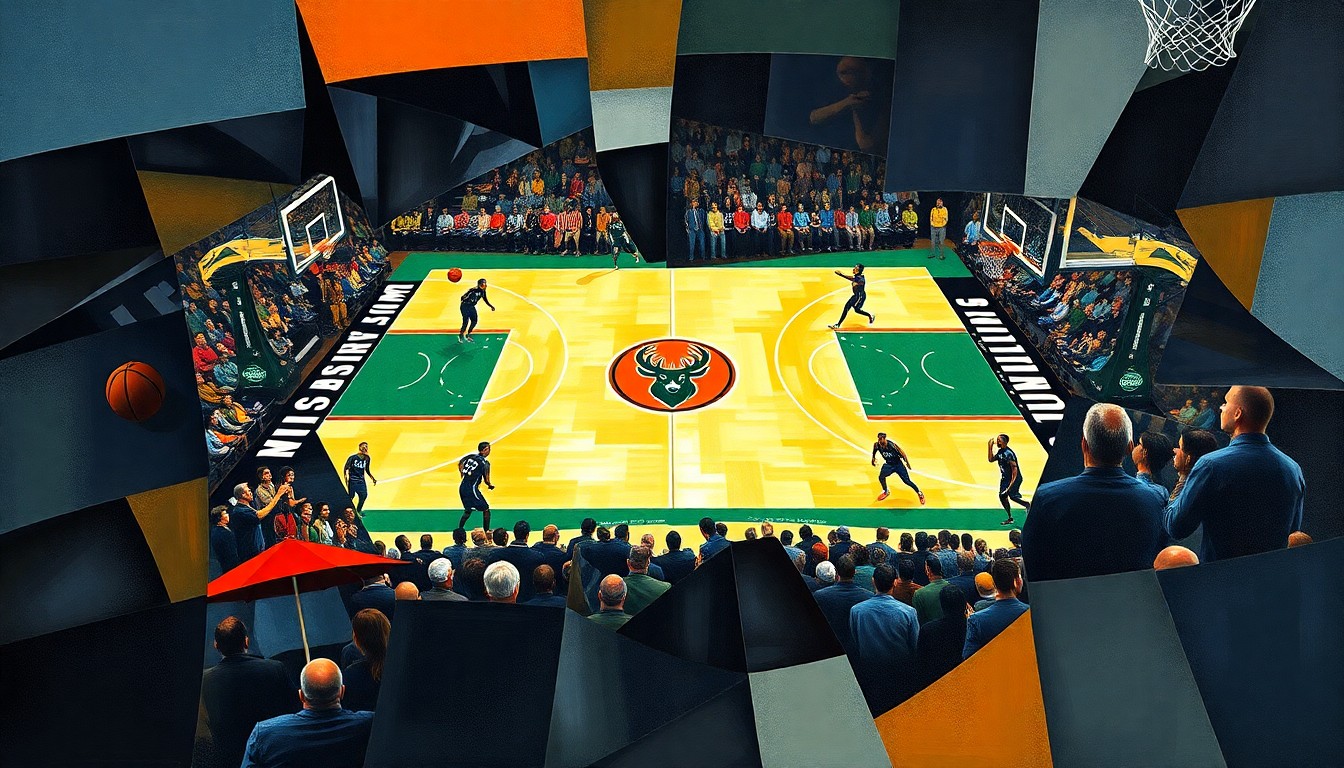 A fractured, cubist-style painting depicting the energy and movement of a basketball game between the Memphis Grizzlies and Milwaukee Bucks, with sharp, overlapping geometric shapes and planes representing the players and the action on the court.