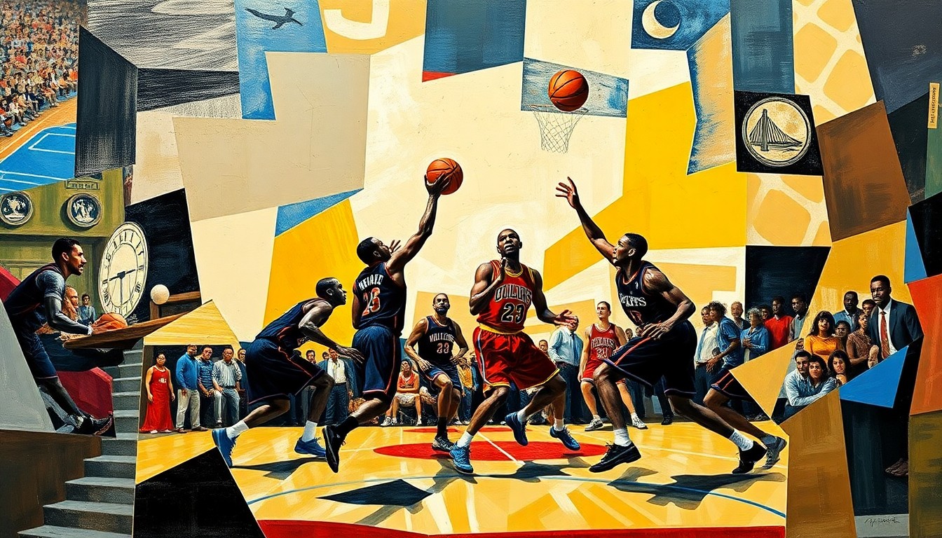 A fractured, multi-perspective painting depicting the dynamic movement and energy of a basketball game, with the players' forms abstracted into sharp, overlapping geometric shapes in a cubist style.