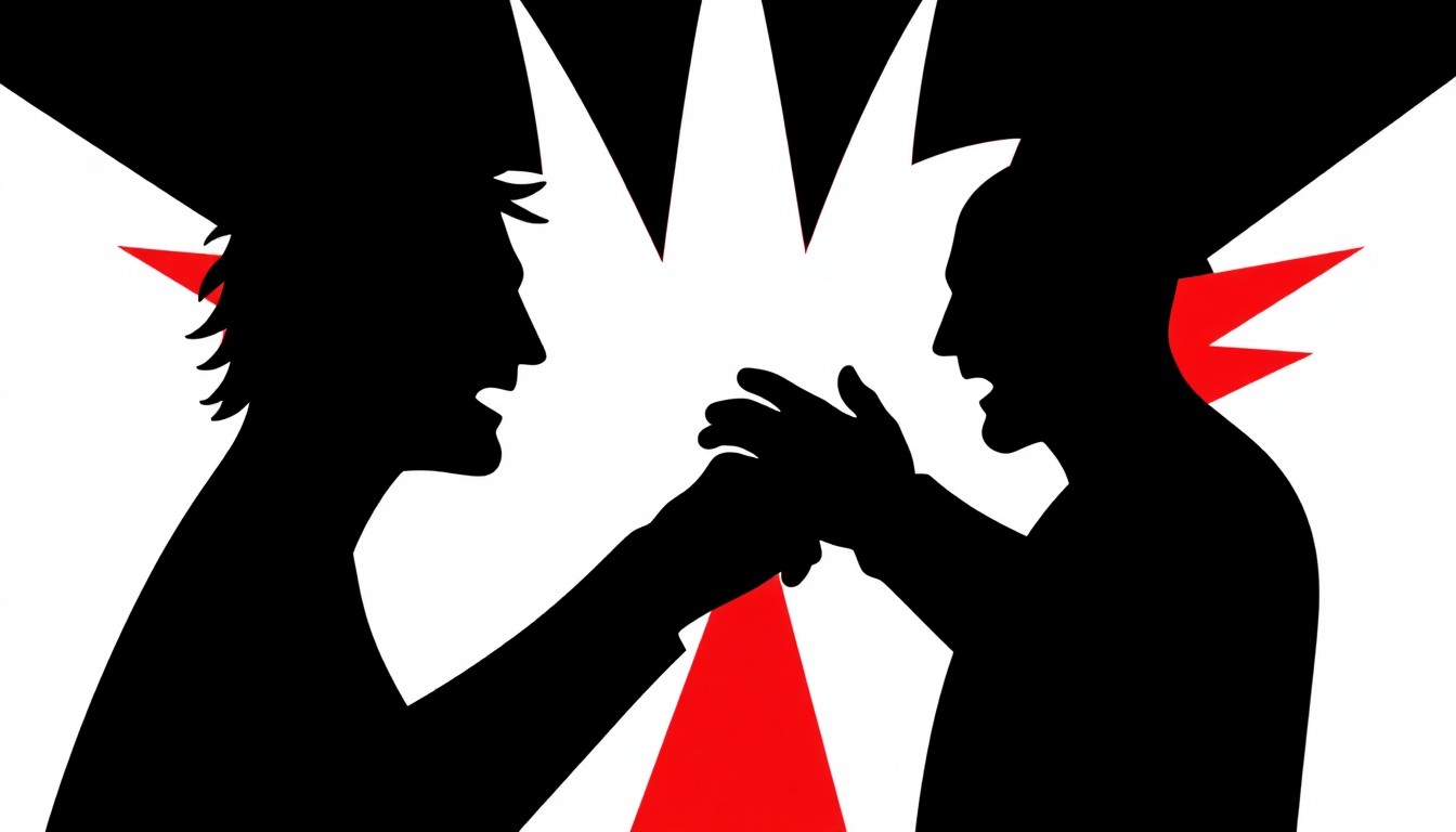 An abstract, minimalist illustration featuring stark black silhouettes of wrestling figures against a bold red and white background, conceptually representing the contract dispute between Anthem Sports and Gail Kim.