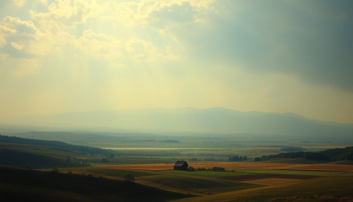 A vast, majestic landscape painting in muted tones, with a small, isolated farmhouse or rural structure dwarfed by an expansive, cloudless sky, conveying the overwhelming, sublime scale of the natural world under the oppressive weight of a summer heat wave.