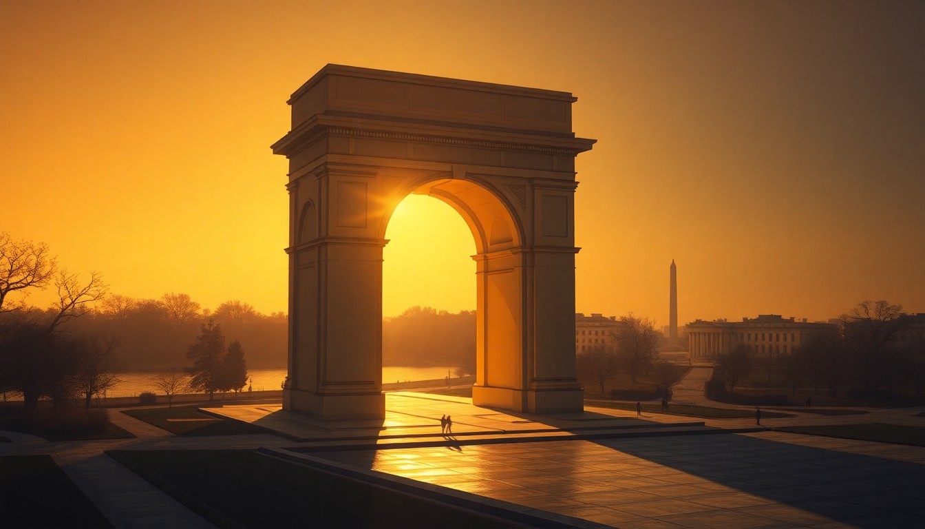 A cinematic painting of a towering, golden-adorned arch standing in a traffic circle, with the Potomac River and National Mall visible in the background, conveying a sense of grandeur and political ambition.
