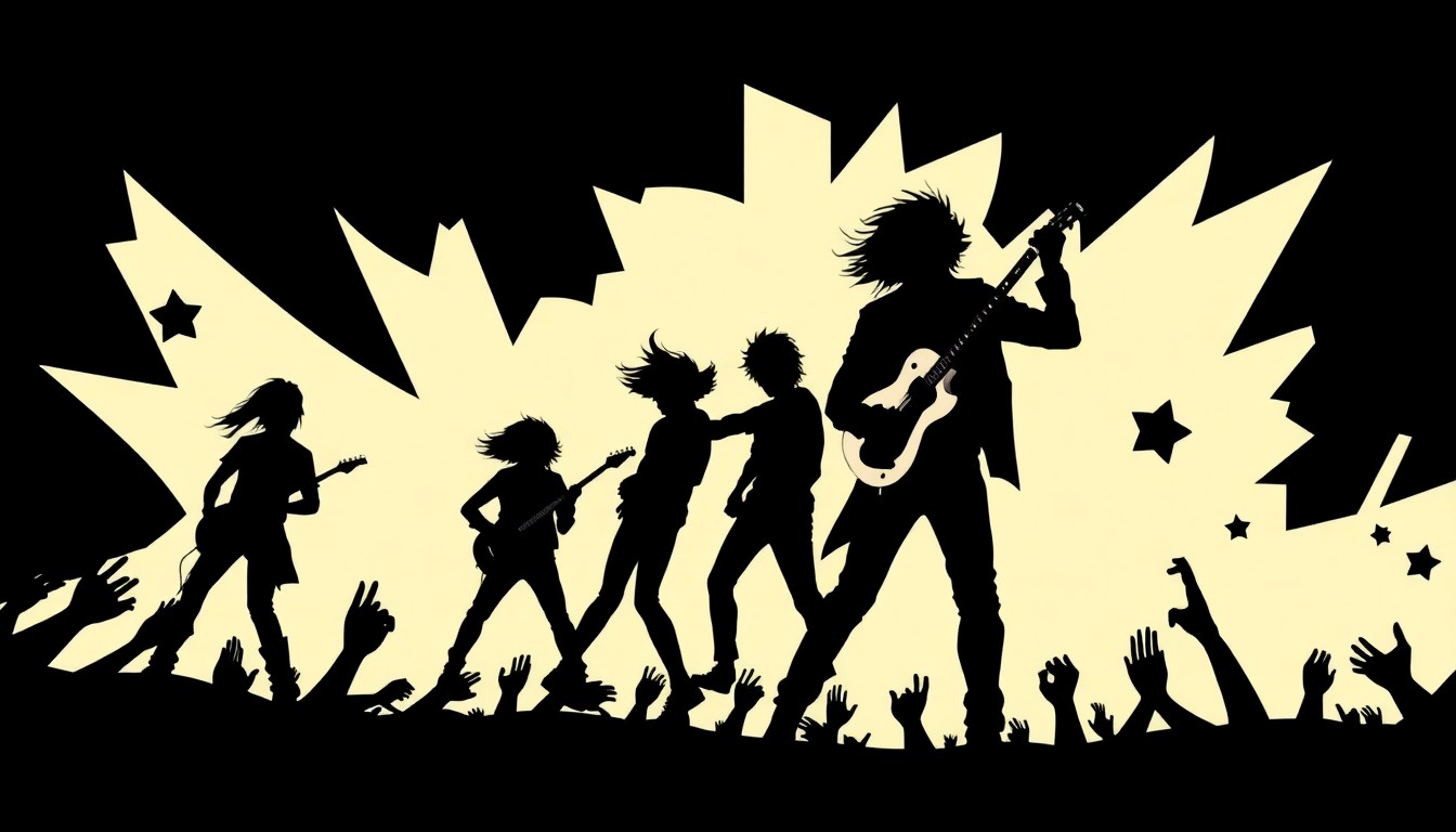 A striking black silhouette of three figures in motion, representing the ambitious high school friends at the heart of the 'Nimrods' comedy, set against a bold, high-contrast background of geometric shapes in vibrant colors.