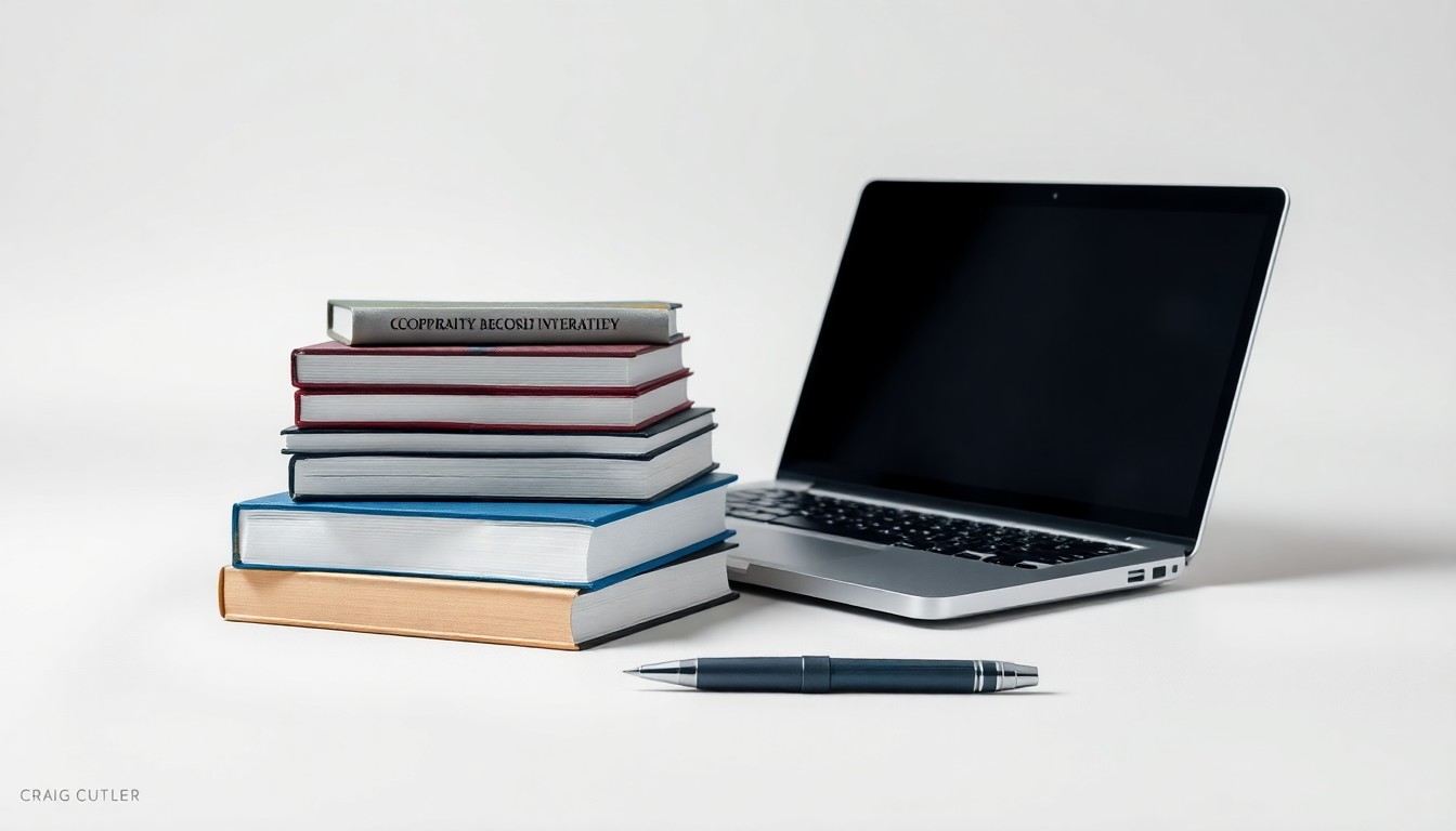 A minimalist studio still life featuring a stack of university textbooks, a laptop, and a pen resting on a clean, monochromatic background, conceptually representing the complex issues of corporate strategy and change management in higher education.