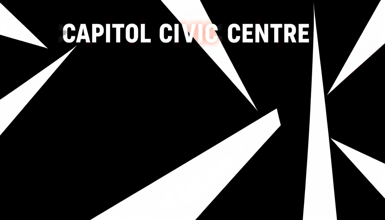 An abstract, minimalist illustration featuring bold, geometric black shapes against a bright red background, conceptually representing the diverse programming and vibrant energy of the Capitol Civic Centre's upcoming events.