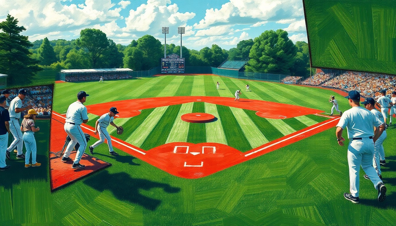A fragmented, geometric painting depicting the dynamic action of a high school baseball game, with overlapping planes of green, white, and red representing the field, uniforms, and dirt.