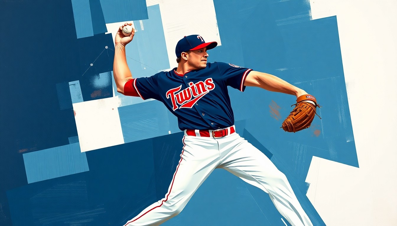 A fractured, cubist-style painting depicting a baseball pitcher's throwing motion, broken down into sharp, overlapping geometric shapes in the Twins' team colors of navy blue, red, and white, conveying the disruption and uncertainty the team faces without their ace.