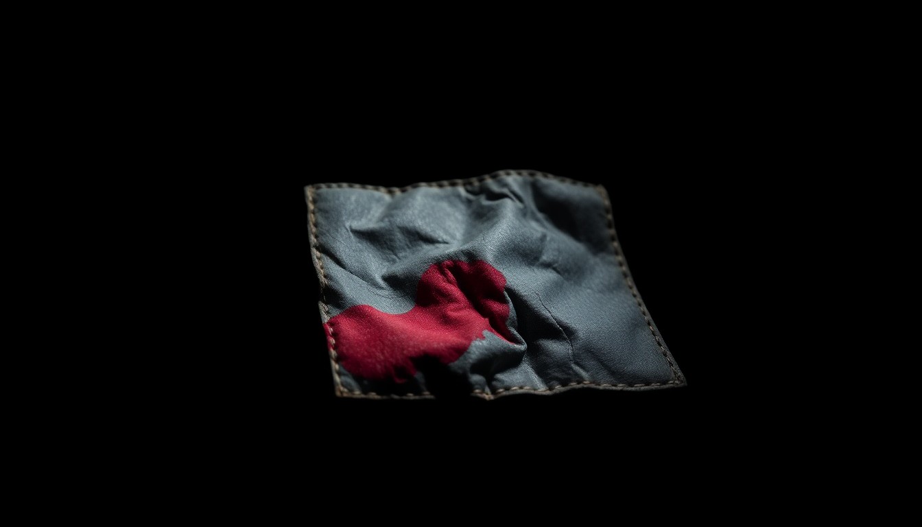 An extreme close-up of a crumpled, discarded wallet with a faint red stain, conceptually representing the lingering consequences of a criminal past.