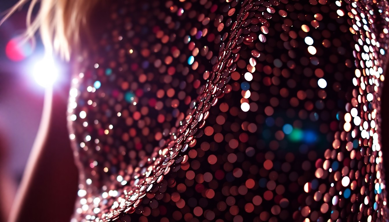 An abstract close-up image of shimmering sequins, captured in dramatic, high-contrast studio lighting to evoke the glamour and energy of Coachella fashion.