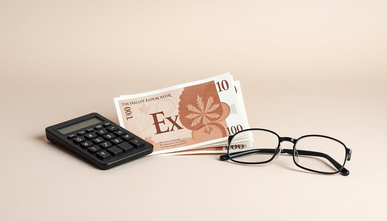 A minimalist studio still life featuring a stack of British pound notes, a calculator, and a pair of reading glasses, symbolizing the financial impact of the winter fuel payment recoupment policy on state pensioners.
