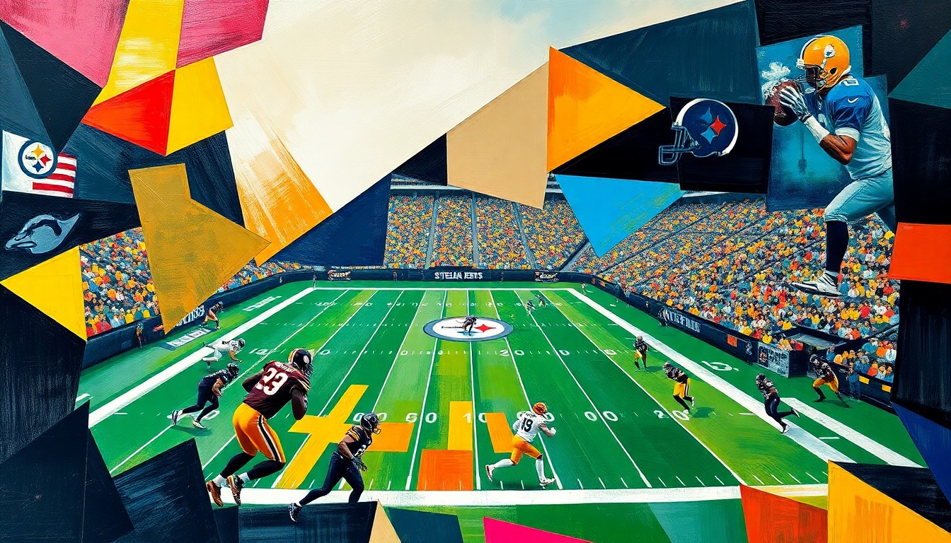 A cubist-style painting depicting a Steelers football game broken down into sharp, overlapping geometric shapes and planes of color, capturing the team's fragmented and struggling offense.