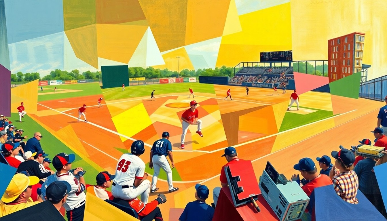 A fragmented, geometric painting depicting the dynamic movements and competition of a high school sports event, with sharp planes of color representing the players, field, and surrounding environment.
