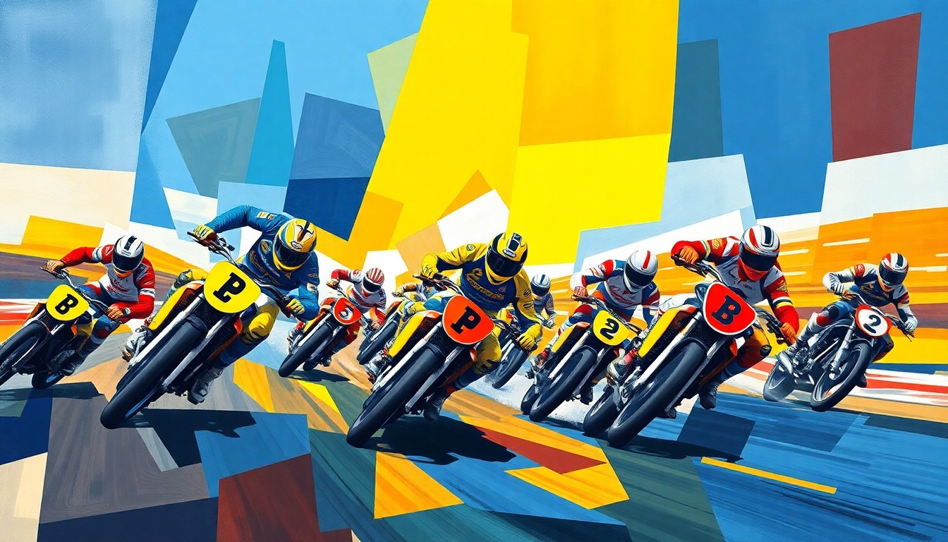 A cubist-style painting depicting a speedway race, with the competing teams' colors of blue, yellow, red, and white overlapping and intersecting in sharp, geometric planes, conveying the intensity and strategic nature of the event.