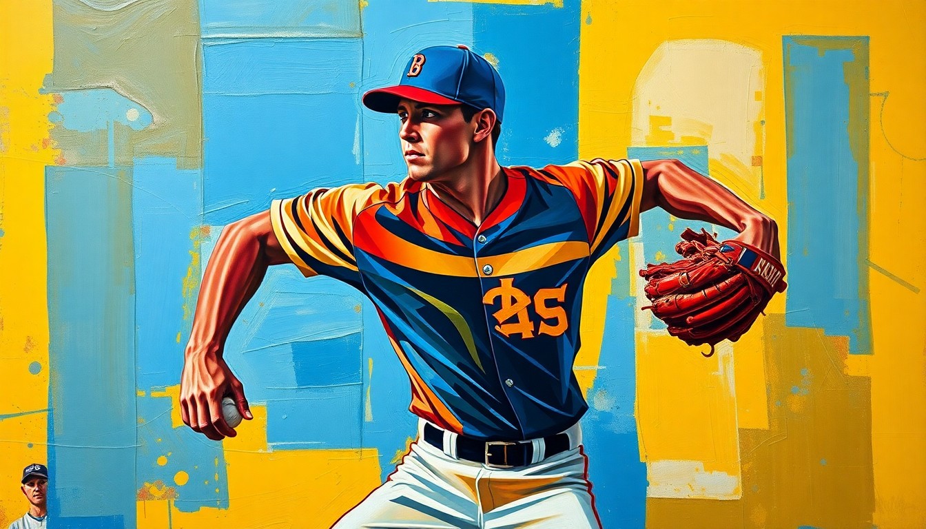 A fractured, geometric painting depicting the motion of a baseball pitcher, with sharp, overlapping planes of color representing the multifaceted challenge the Angels face in bolstering their starting rotation.
