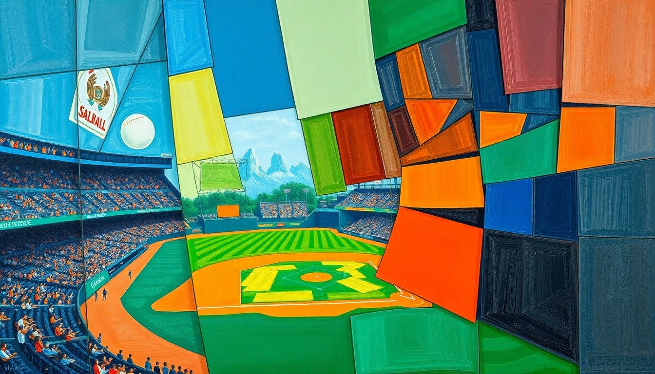 A cubist, geometric painting depicting a baseball game or match, with sharp, overlapping planes of color representing the various elements of the sport and the complex decision-making process surrounding a young prospect's future.