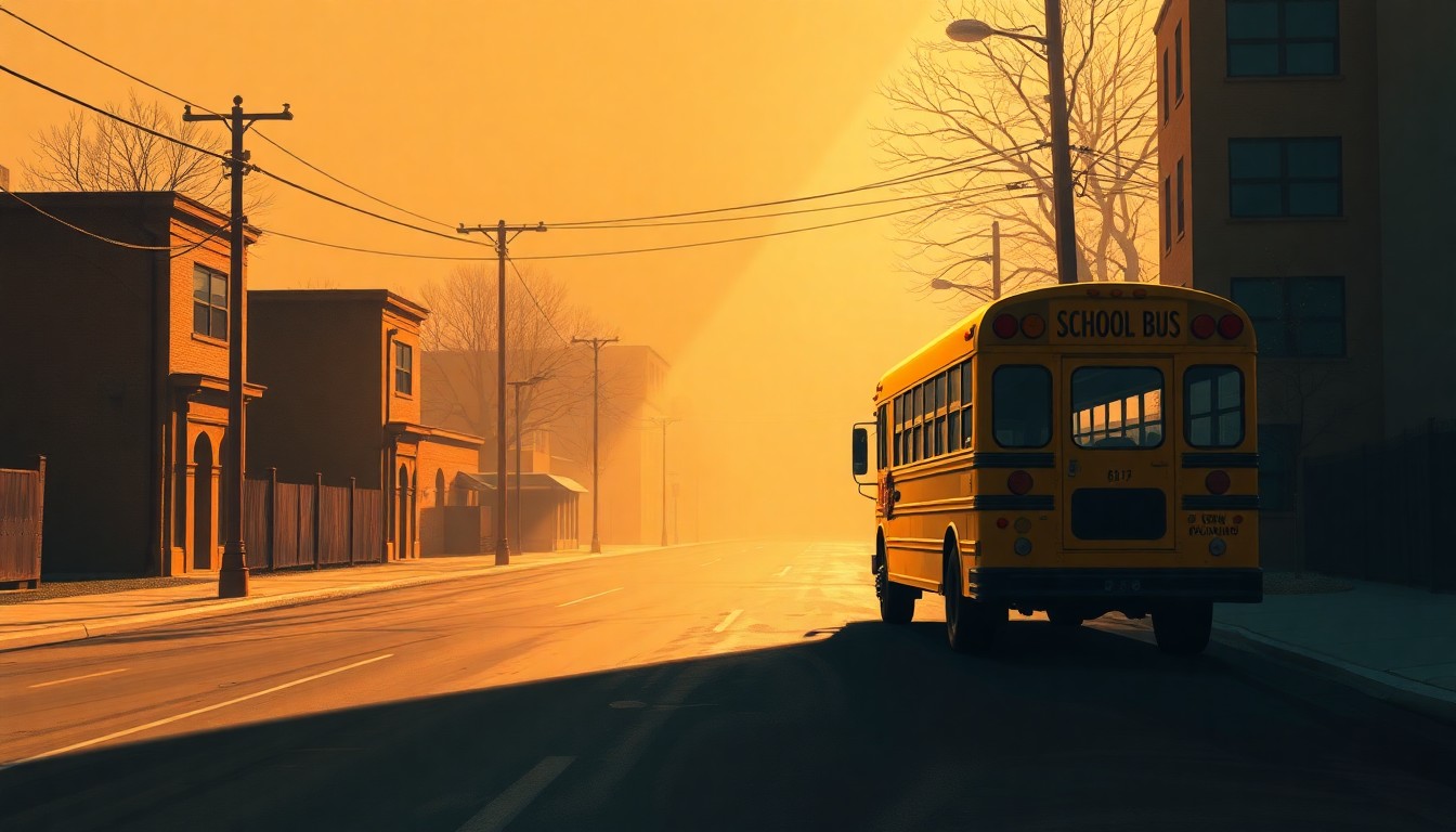 A cinematic painting of a solitary school bus parked on a deserted street, with warm sunlight and deep shadows creating a sense of melancholy and isolation, conceptually representing the disruption to community life caused by changes in immigration enforcement.