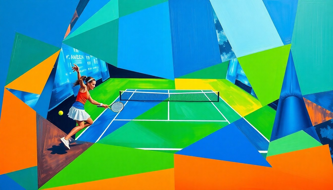 A cubist, geometric painting depicting a tennis match, with overlapping planes of blue, green, and orange, capturing the dynamic energy and tension of the semifinal clash.