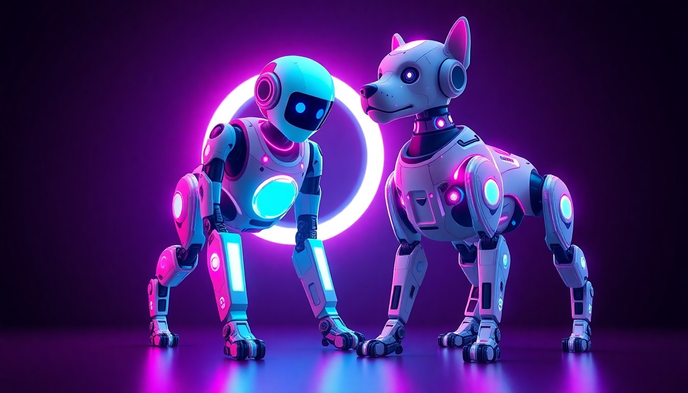 A highly detailed, glowing 3D illustration of a humanoid robot and a four-legged robotic dog, both illuminated by neon cyan and magenta lights, conceptually representing the cutting-edge AI and robotics technology showcased at the CES 2027 event.