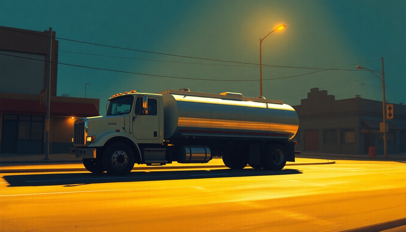 A photorealistic painting of a large fuel tanker truck parked on a city street, with the vehicle's silhouette casting long shadows across the pavement. The scene is bathed in warm, golden light, creating a contemplative and nostalgic mood.