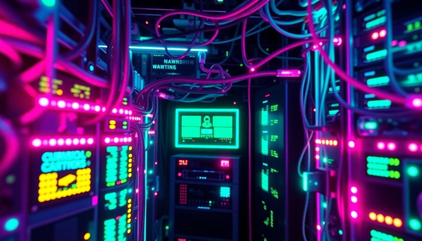 A highly detailed, glowing 3D macro illustration of a complex cybersecurity infrastructure, featuring interconnected servers, cables, and data centers illuminated by neon cyan and magenta lights, conceptually representing the intricate, high-tech nature of modern cybersecurity systems.