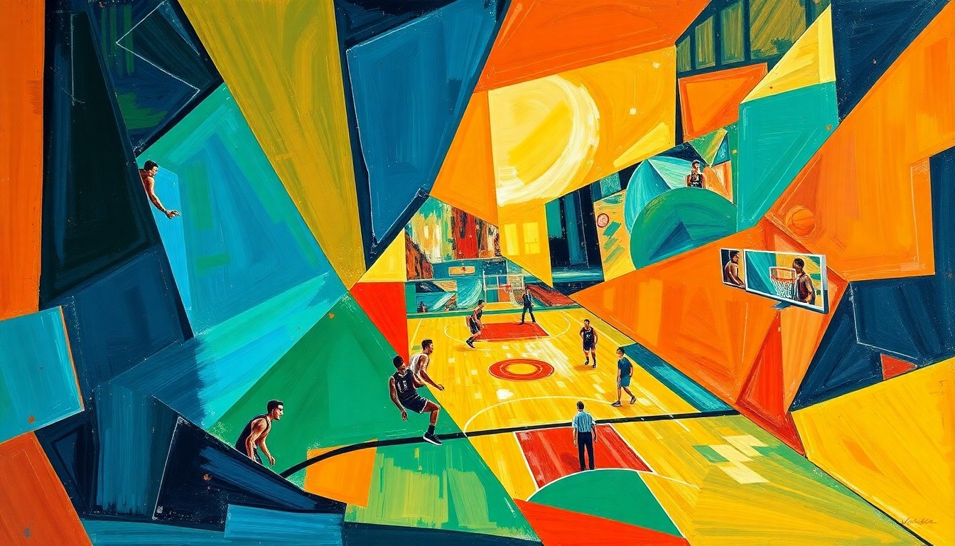 A cubist-style painting featuring overlapping geometric shapes and planes in vibrant colors, capturing the energy and movement of a basketball game or match.