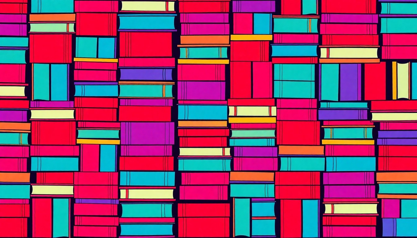 A vibrant, silkscreen-style illustration featuring a repeating grid of stacked university textbooks in neon pink, yellow, and blue, with heavy black outlines, conceptually representing the financial and quality challenges facing the UK higher education system.