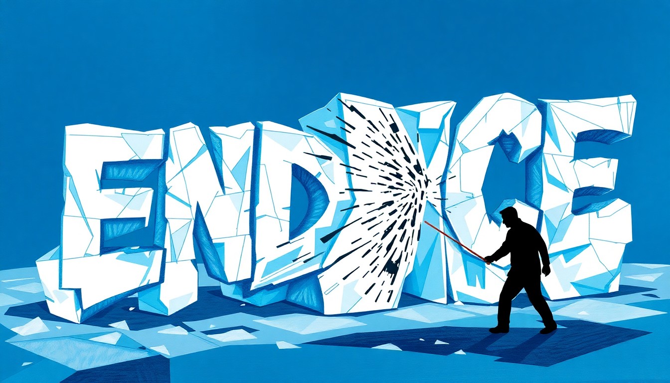 A fractured, abstract painting depicting an ice sculpture in the shape of the letters 'END ICE' being struck by a shadowy, distorted figure, conveying the vandalism of the protest art piece.