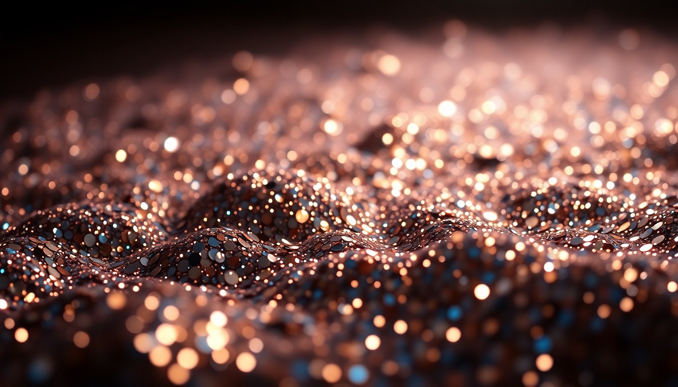 An abstract close-up image of shimmering sequins under dramatic lighting, conveying the excitement and luxury of a major music festival event.