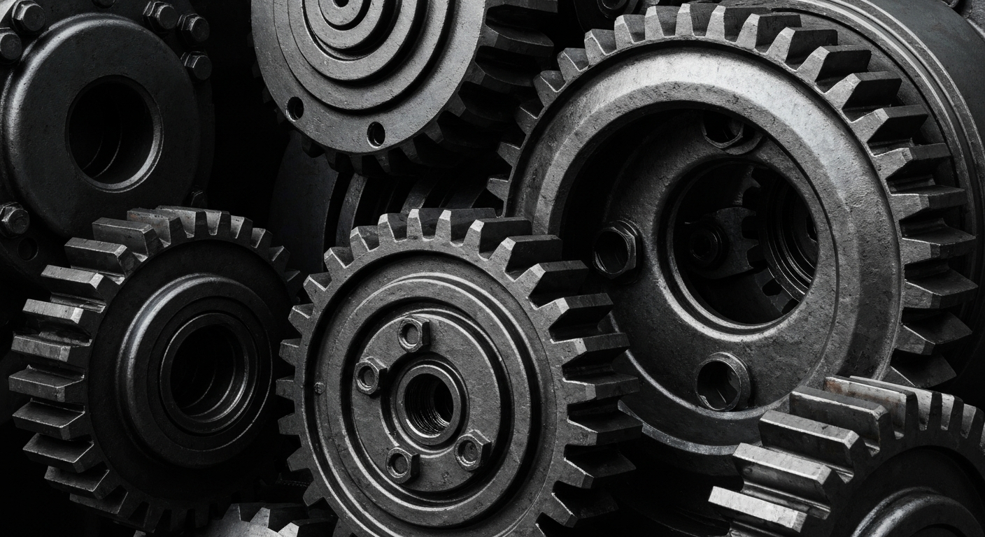 An extreme close-up of heavy, industrial construction machinery parts in shades of grey, rust, and black, conveying a sense of the physical power and infrastructure that underpins the building industry.