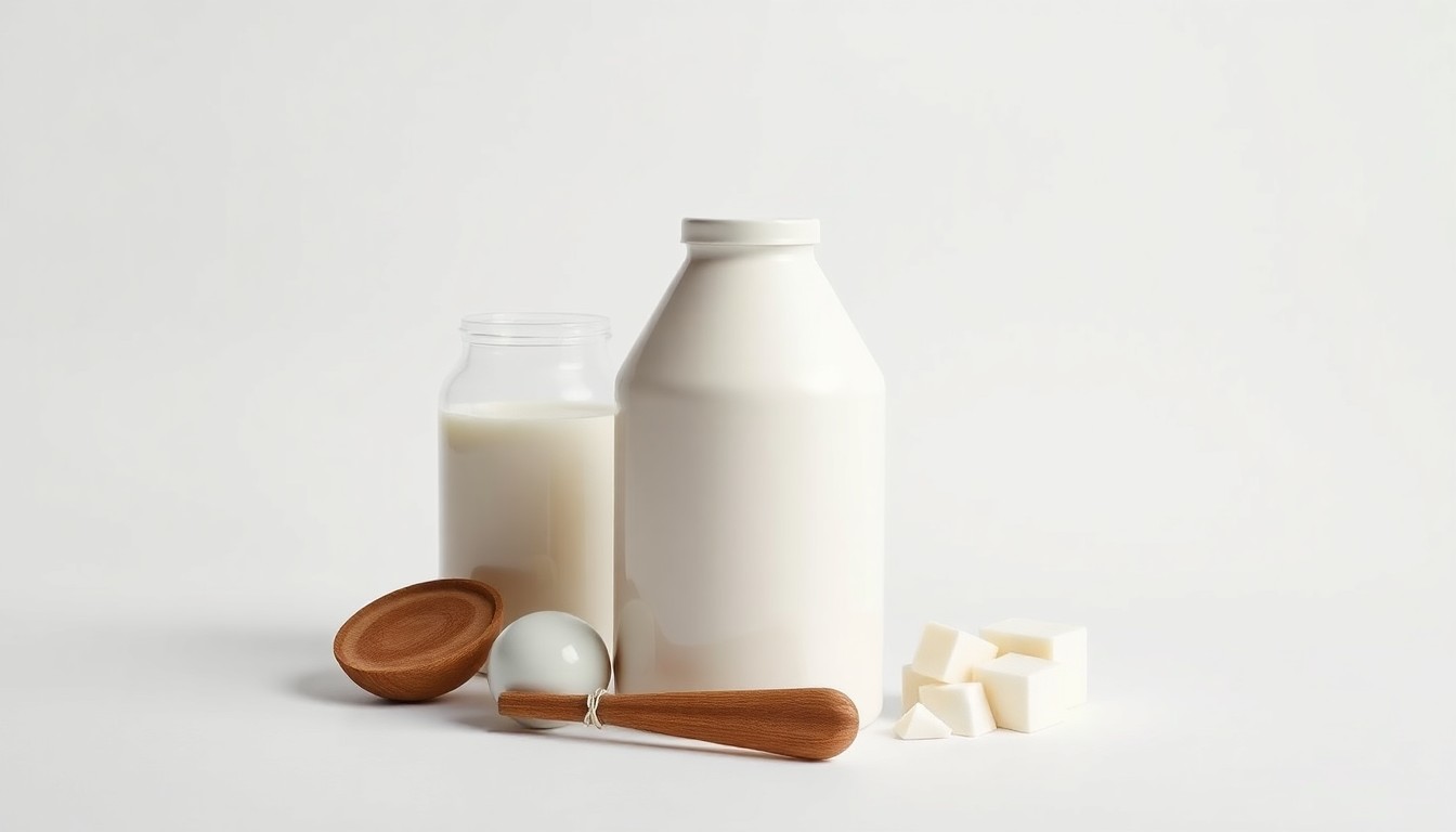 A photorealistic studio still life featuring a glass bottle of milk, a block of cheese, and a pat of butter arranged elegantly on a clean, white background, conceptually representing the abstract corporate strategy and financial dynamics behind the U.S. dairy boom.