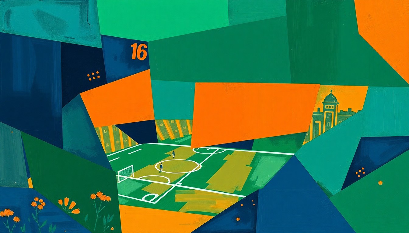 A fragmented, geometric painting depicting a football game or match, with sharp, overlapping planes of navy blue, forest green, and burnt orange, conveying the complex and multifaceted nature of the NFL's evolving landscape.