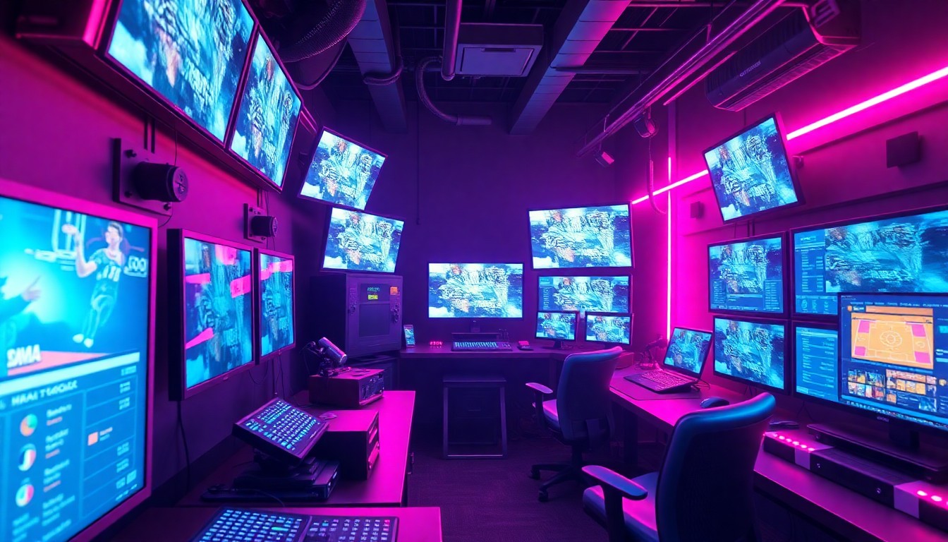 A highly detailed, glowing 3D illustration of a sports broadcasting control room, with various illuminated screens, cables, and hardware components, conceptually representing the technological backbone of YouTube TV's new sports-focused offering.