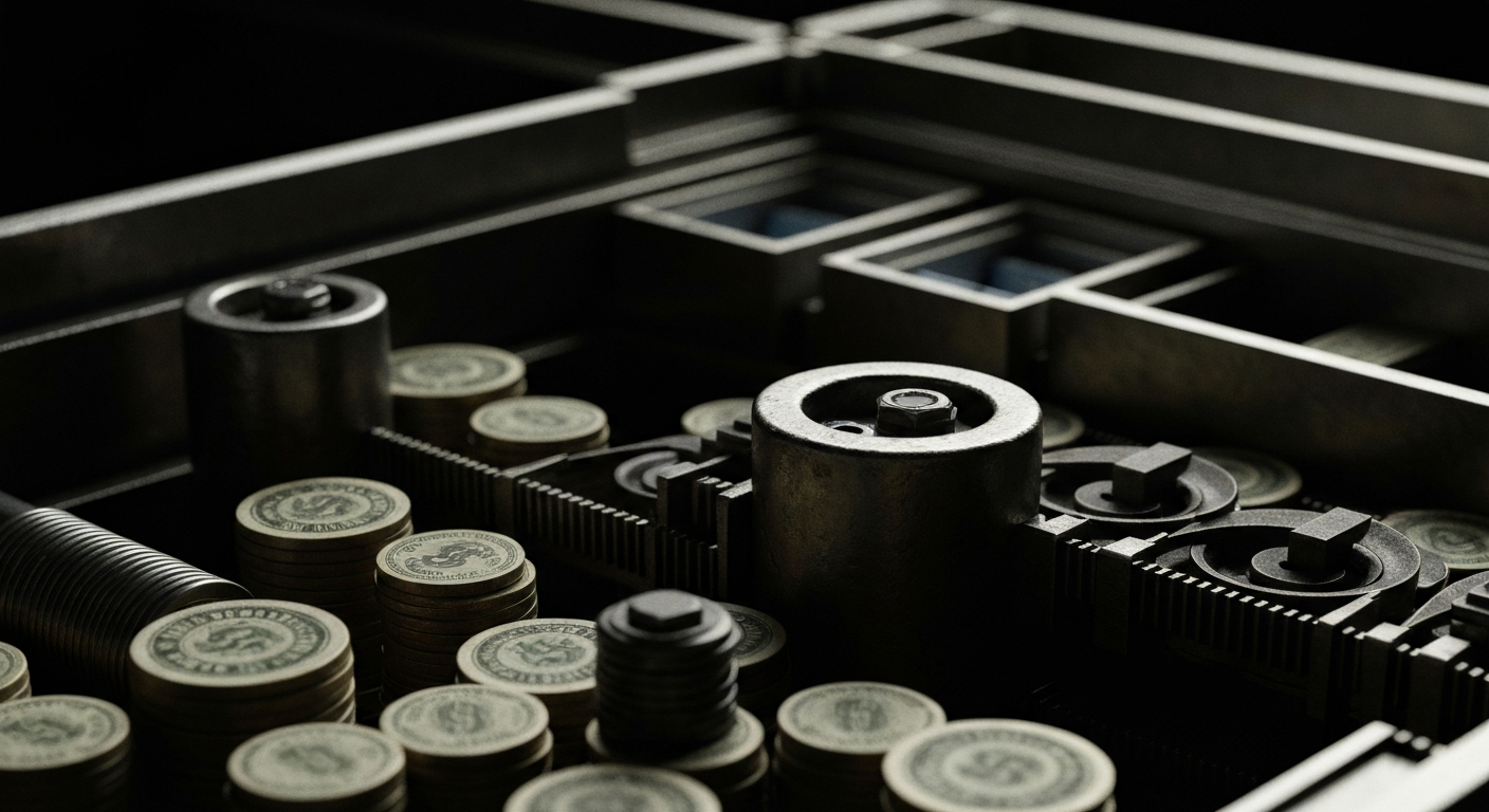 An extreme close-up of a complex network of gears, levers, and metal components, representing the intricate financial infrastructure that influences cryptocurrency markets.