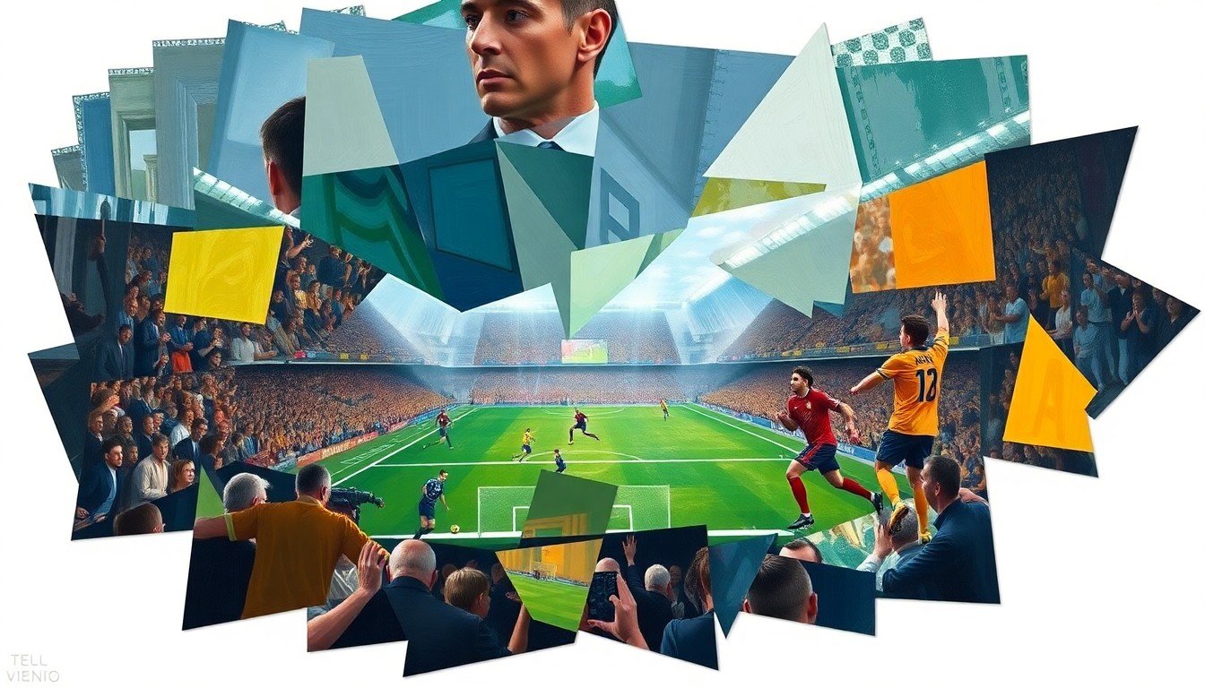 A cubist-style painting depicting a football match broken down into overlapping geometric shapes and planes, capturing the dynamic energy and multiple perspectives of the game.