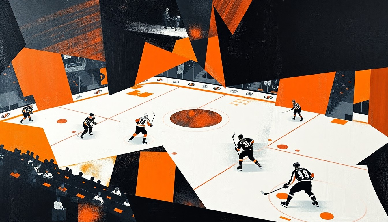 A cubist, geometric painting depicting a Flyers hockey game, with players and the rink broken down into overlapping angular shapes in the team's signature orange and black colors, conveying the energy and momentum of the team's late-season surge.